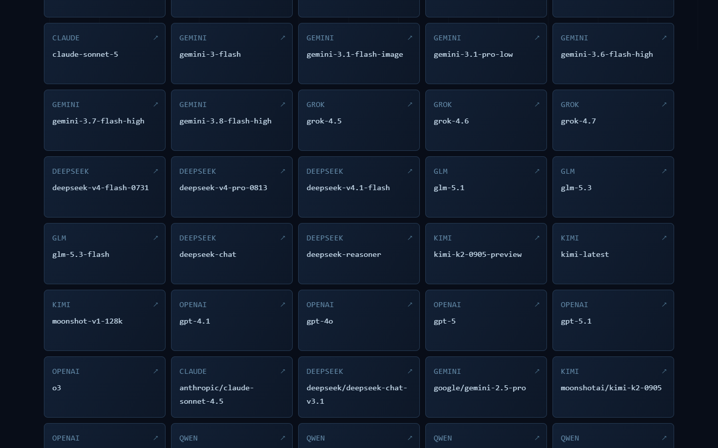 APIKIT model plaza: identifiers for GPT, Claude, Gemini, Grok, DeepSeek and more